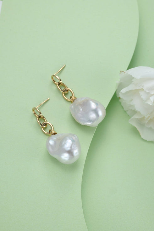 Modern Chain Bold Baroque Pearl Earrings - Sterling Silver / Gold Vermeil